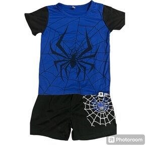 Boys Spider Web Outfit Blue Black T-Shirt & Shorts Set Summer 2PC Outfit